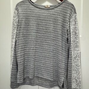 Hem & Thread Grey Stripe Long Sleeve Lace Detail Size S